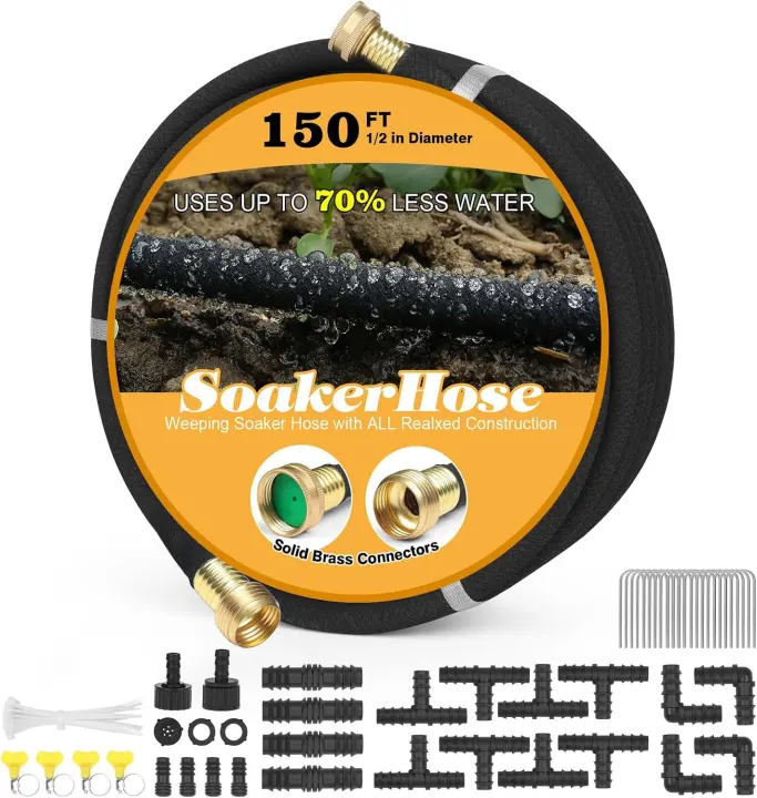 150 ft Soaker Hose for Garden Beds — Heavy-Duty Rubber Irrigation