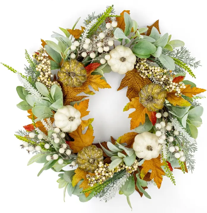 22-Inch Autumn Door Wreath with Pumpkins and Lamb's Ear