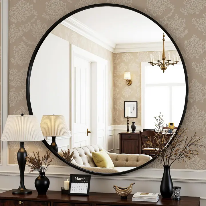 24-Inch Round Wall Mirror with Black Metal Frame — Bathroom & Vanity