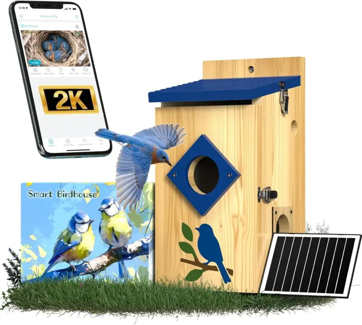 2K Solar-Powered Birdhouse Camera with Top Camera Compartment