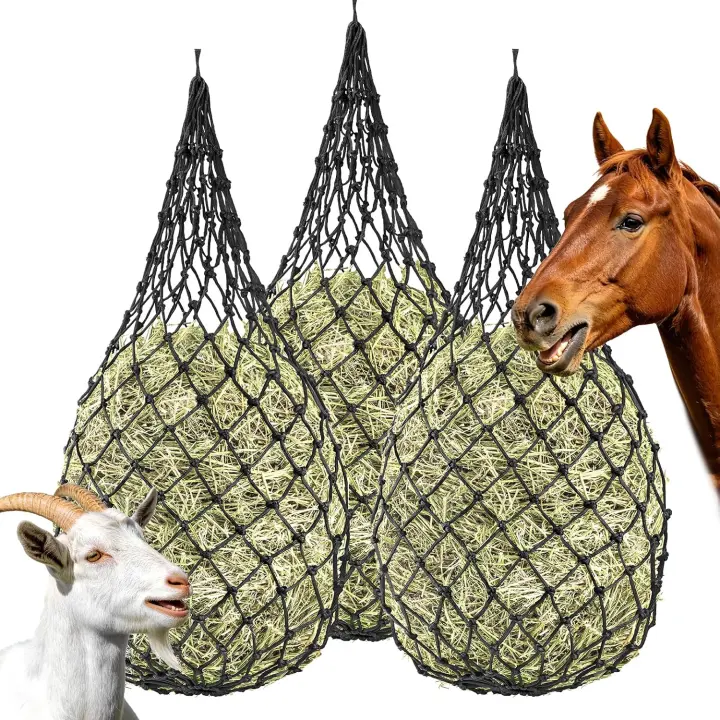 3-Pack Slow-Feed Hay Nets for Horses & Livestock — 2.3" Holes (Black)