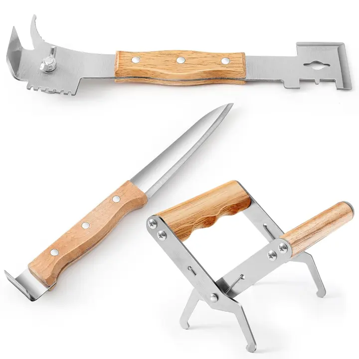 3-Piece Stainless Steel Beekeeping Tools Set with Wooden Handles