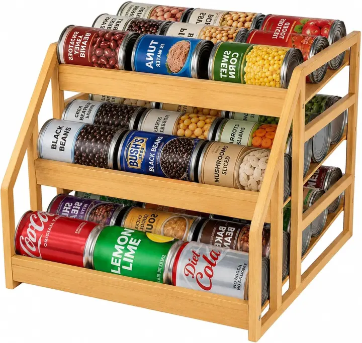 3-Tier Bamboo Can Organizer — 36-Can Gravity Dispenser
