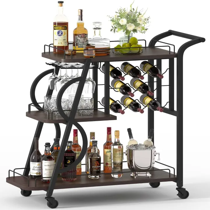3-Tier Rustic Rolling Bar Cart with Glass & Bottle Racks