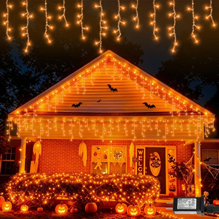 33ft 400-LED Halloween Icicle Lights — Outdoor Orange
