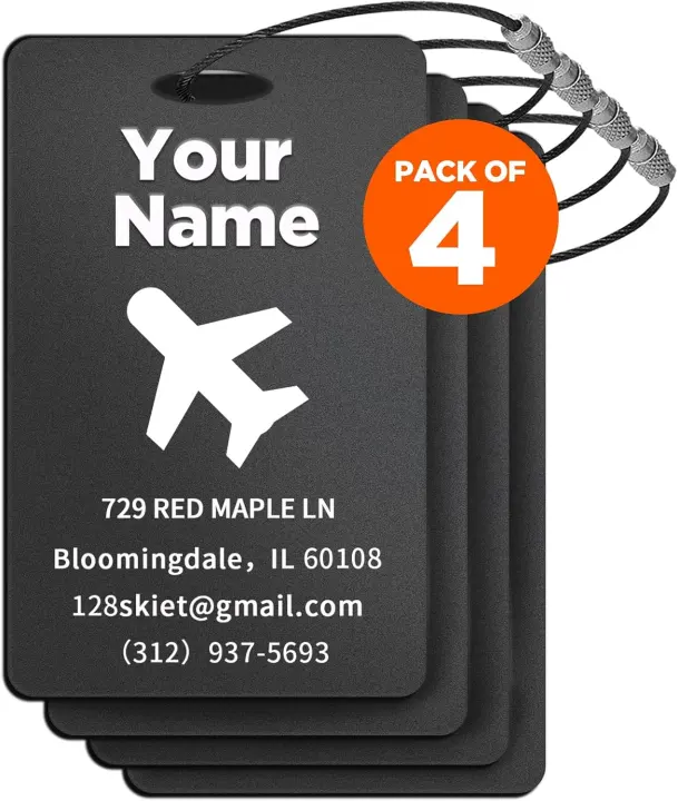 4-Pack Personalized Aluminum Luggage Tags — Black