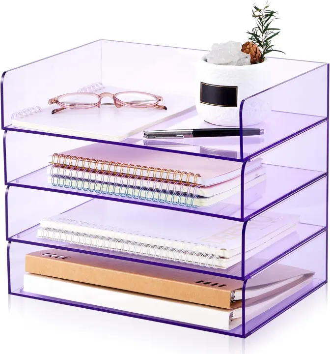 4-Tier Clear Purple Acrylic Paper Tray — Stackable Letter Organizer