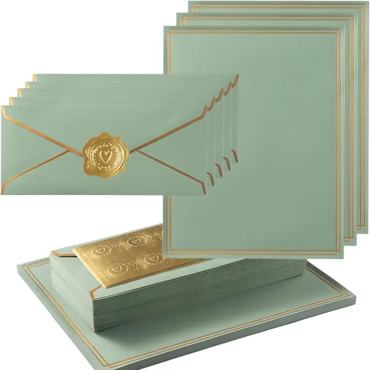 50-Piece Sage Green Stationery Set with #10 Envelopes & Gold Seals