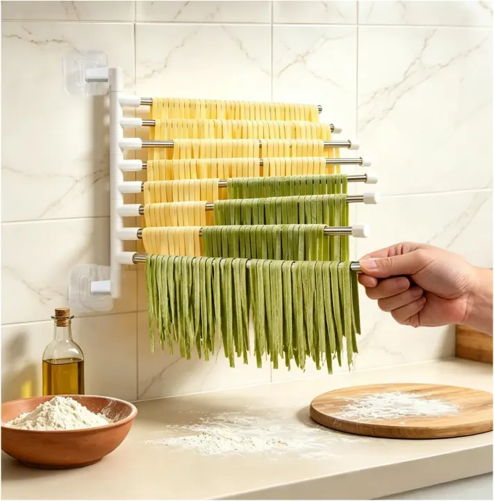 8-Tier Foldable Wall Pasta Dryer Rack with 180° Swivel