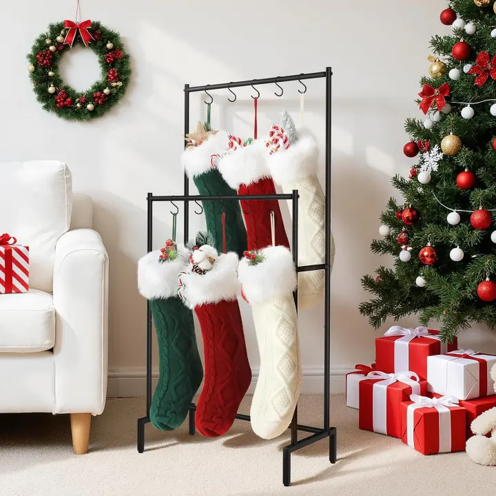 Adjustable Christmas Stocking Holder Stand — Dual-Height, 10 Hooks