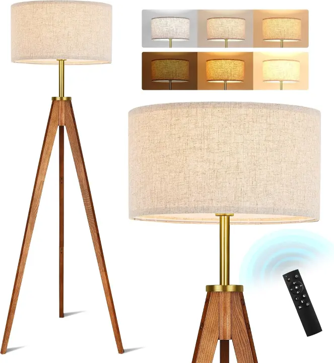 Ash Wood Tripod Floor Lamp — Solid Wood Standing Lamp with Remote