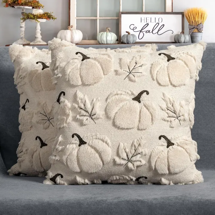 Autumn Faux-Fur Pumpkin Pillow Covers — Set of 2 Decorative 18x18 Cases