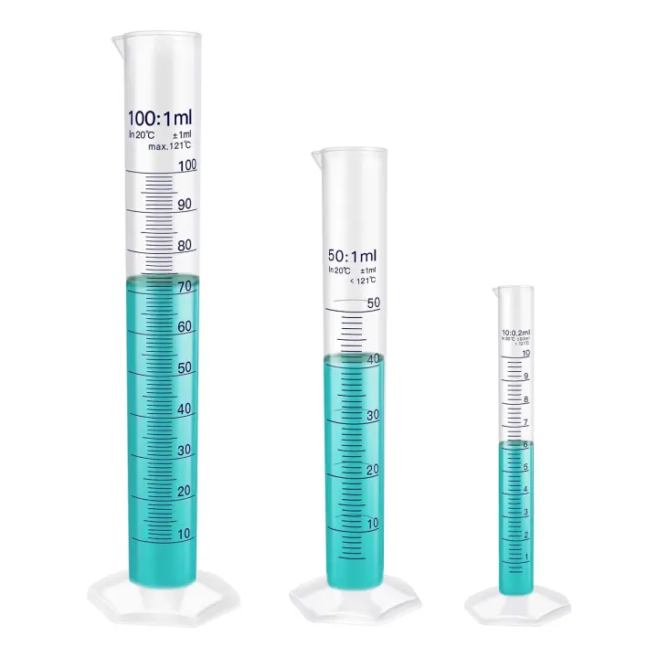 Blue Printed Plastic Graduated Cylinder Set — 10/50/100 ml Measuring Cylinders