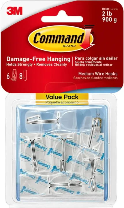 Clear Medium Wire Hooks — 6 Hooks with 8 Indoor Strips