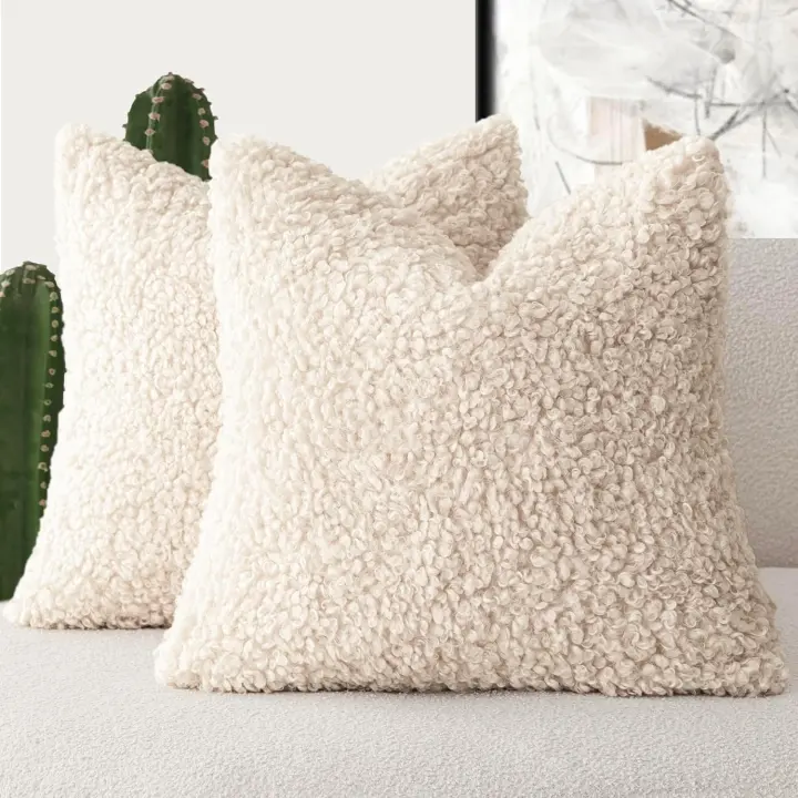 Curly Faux Fur Throw Pillow Covers 20 x 20 in Cream Beige (Set of 2)