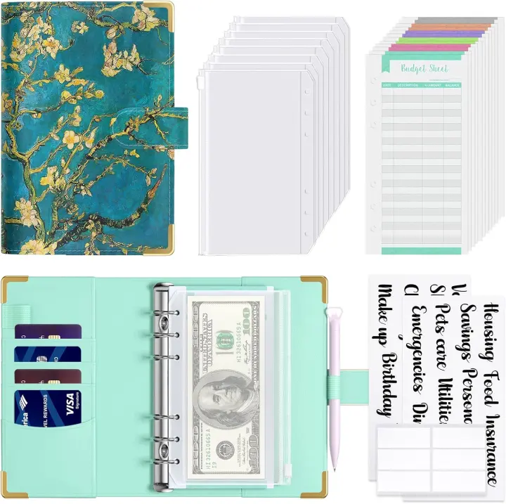 Floral A6 Cash-Envelope Budget Binder with Zipper Pockets, PU Leather