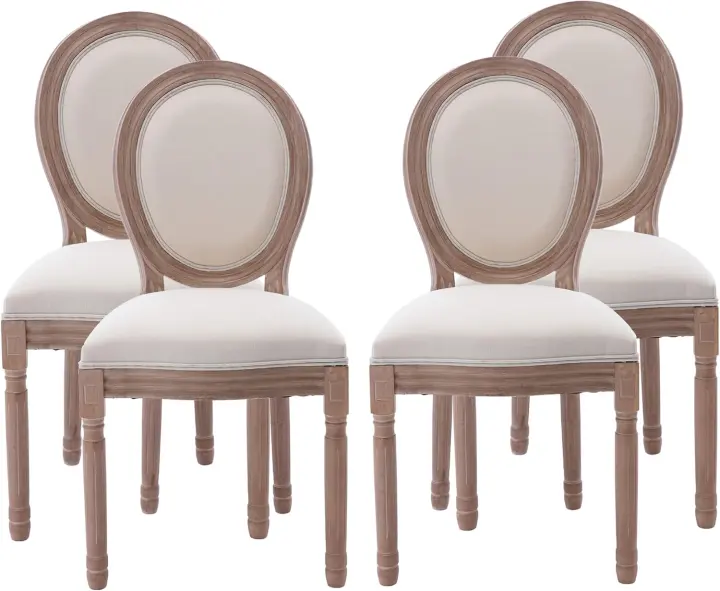 French Country Round-Back Dining Chairs — Set of 4 (Linen & Solid Wood)