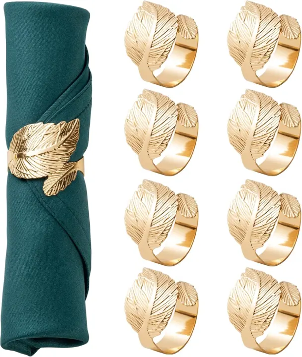 Gold Leaf Napkin Ring Set of 8 — Metal Table Accents