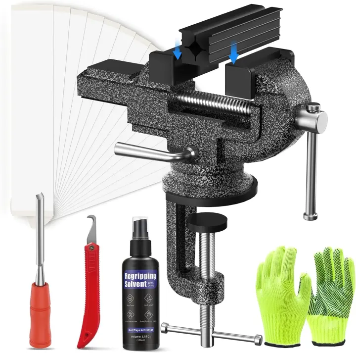 Golf Regripping Kit with Portable Vise Clamp and Grip Solvent