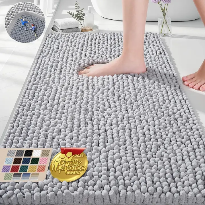 Grey Chenille Bath Mat 30x20 — Plush Non-Slip Quick-Dry Rug
