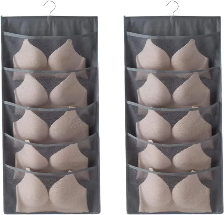Hanging Bra Organizer with Dual-Sided Mesh Pockets and Metal Hanger