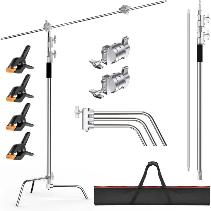 Heavy-Duty Stainless Steel C-Stand with Boom Arm — 4.9–10.8 ft