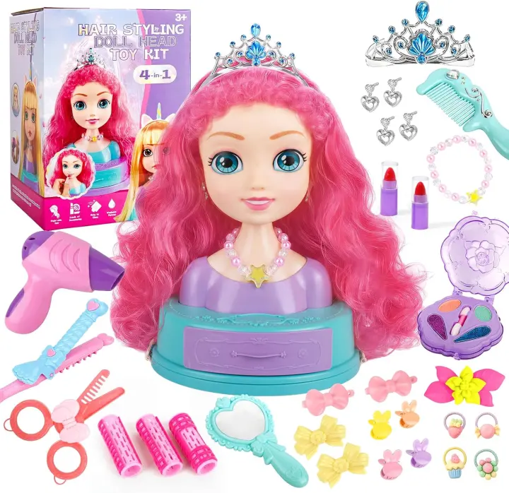 Kids Doll-Head Styling Set with Crown & Curling Iron (Pink)