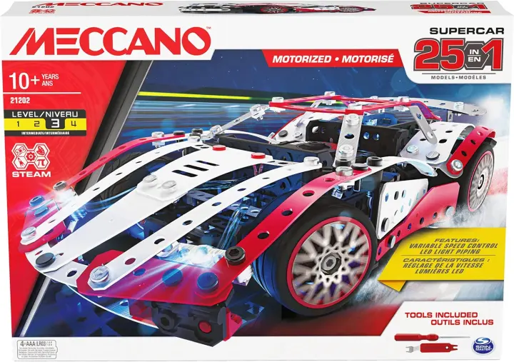 Meccano 25-in-1 Motorized Supercar STEM Building Kit (Motor & Lights)