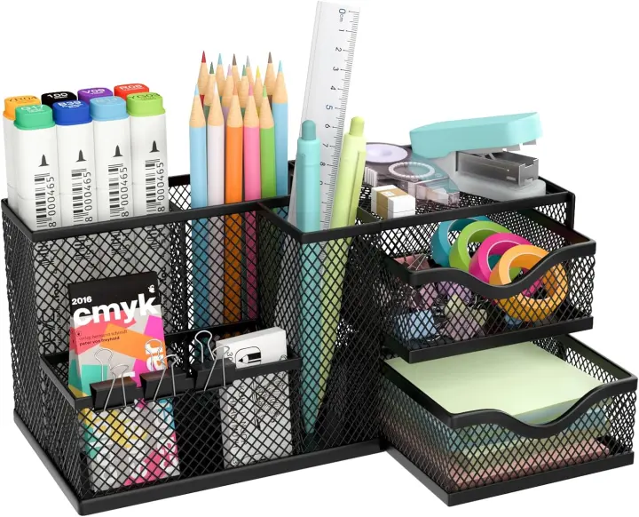 Mesh Pen & Pencil Organizer — 2 Drawers, 5 Compartments