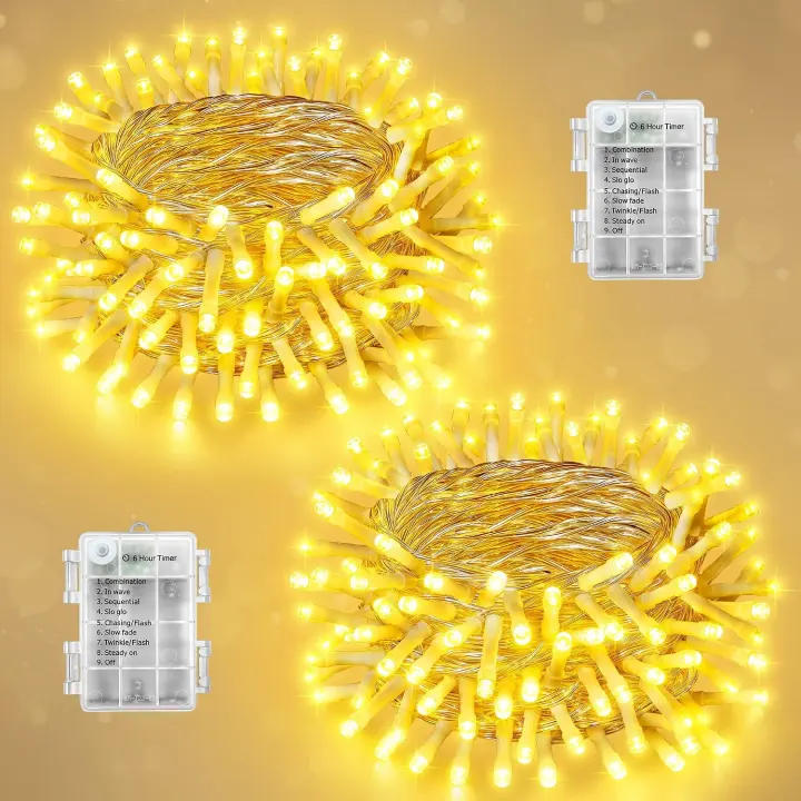 Ollny 2-Pack Battery String Lights — 200 LED Warm White, Clear Wire
