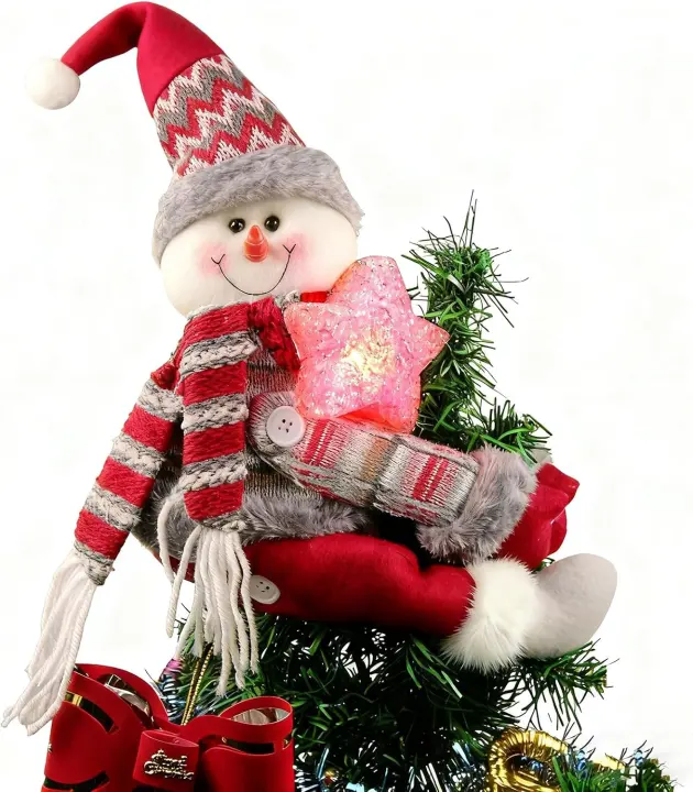 Plush Snowman Tree Topper with Lighted Red Star — Multiuse Holiday Hugger
