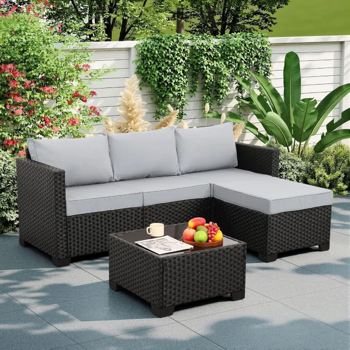 Rattan 3-Piece Outdoor Sectional Set with Ottoman and Table