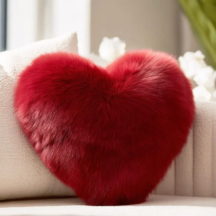 Red Faux Fox-Fur Heart Throw Pillow — Plush Heart-Shaped Cushion