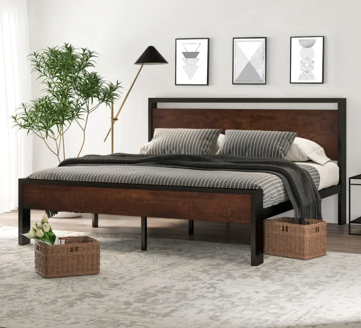 SHA CERLIN 14-Inch King Metal Platform Bed Frame with Wooden Head & Footboard