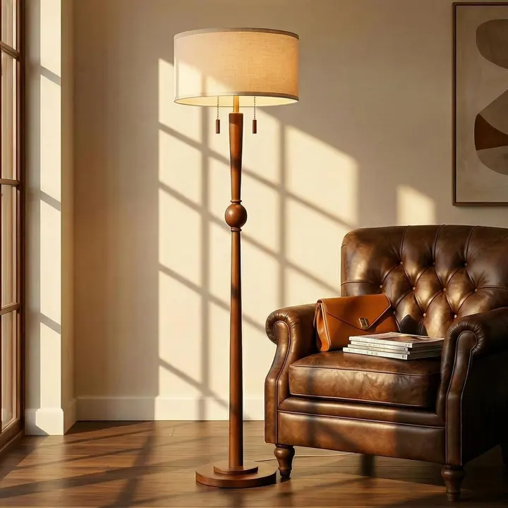 Solid Oak Sculptural Floor Lamp with Dual Pull Chains