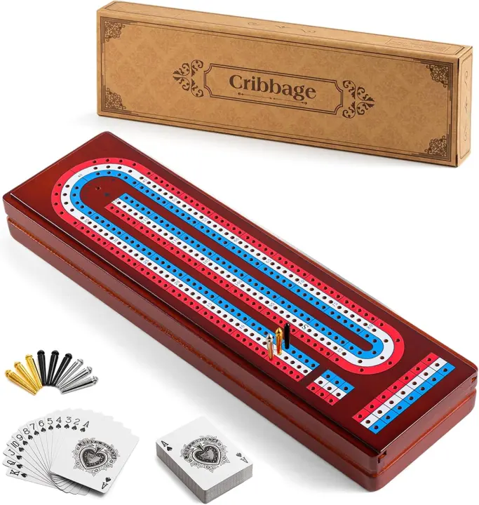 Solid Wood 3-Track Cribbage Board Set with Storage & Metal Pegs