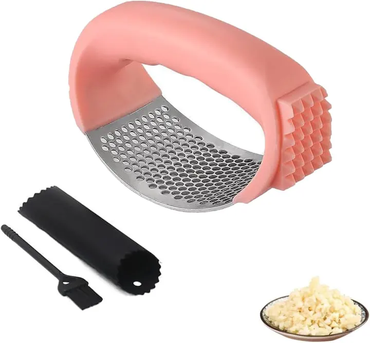 Stainless Steel Garlic Press Rocker with Peeler and Brush