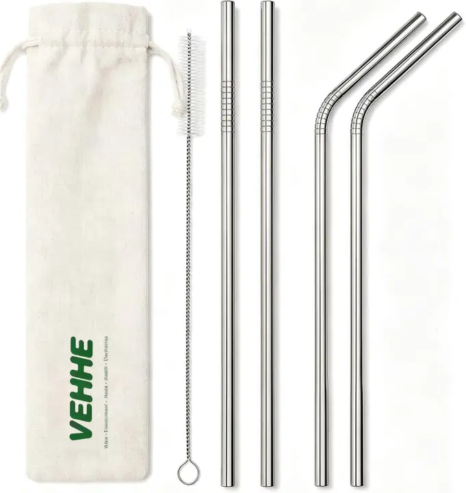 Stainless Steel Reusable Straw Set — 2 Straight & 2 Bent (Extra-Long)