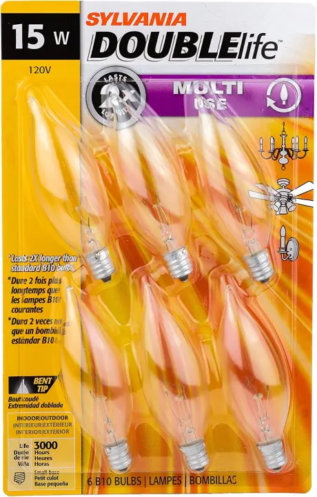 Sylvania Double Life B10 15W Candelabra Incandescent Bulbs — 6-Pack