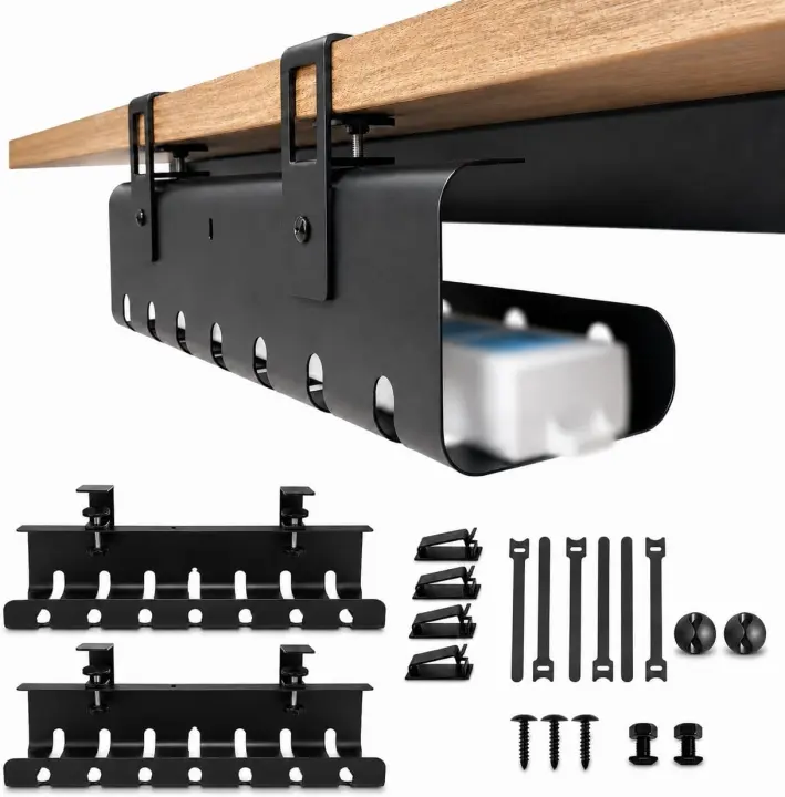 Under-Desk Cable Tray 2-Pack — Steel Cord Organizer with Clamp or Screw Mount