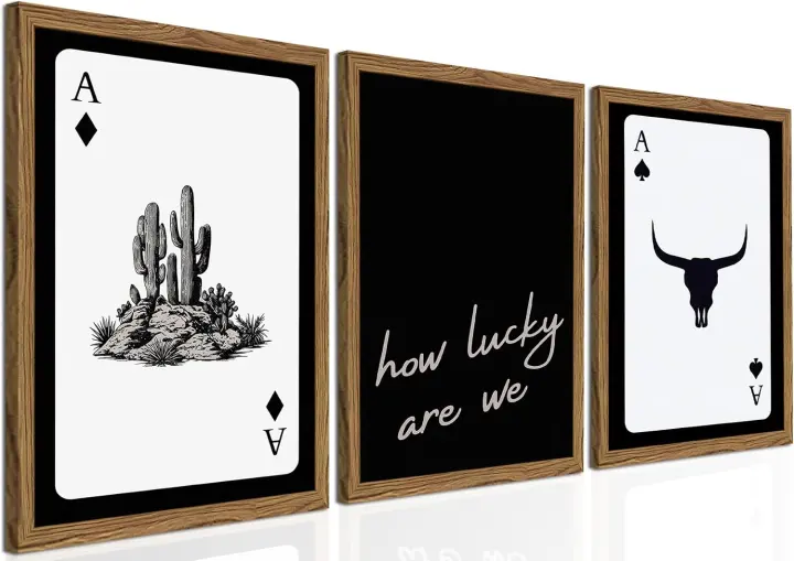 Western Canvas Art Trio — Cowboy Playing Cards, Longhorn & 'How Lucky' Prints
