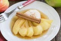 Tea-Infused Poached Apples with Calvados Mascarpone Cream