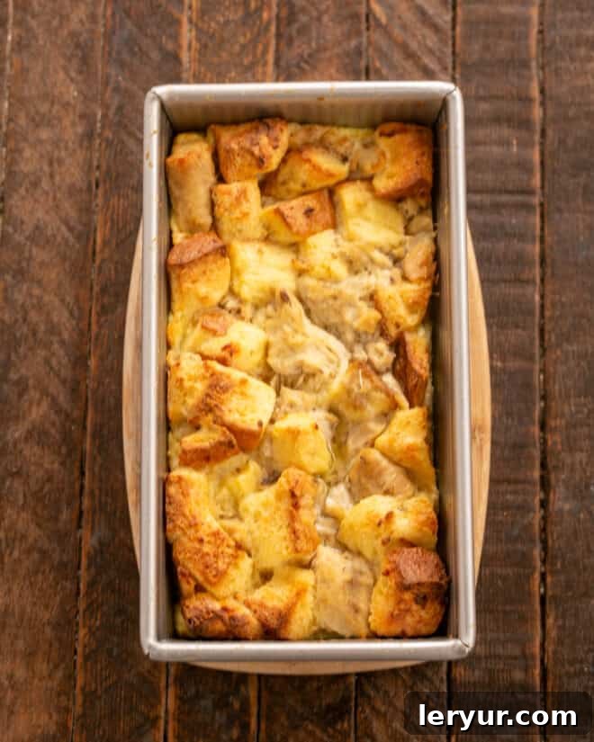 A golden-brown baked salmon loaf, puffed and lightly browned on top, rests in a metal loaf pan fresh out of the oven.
