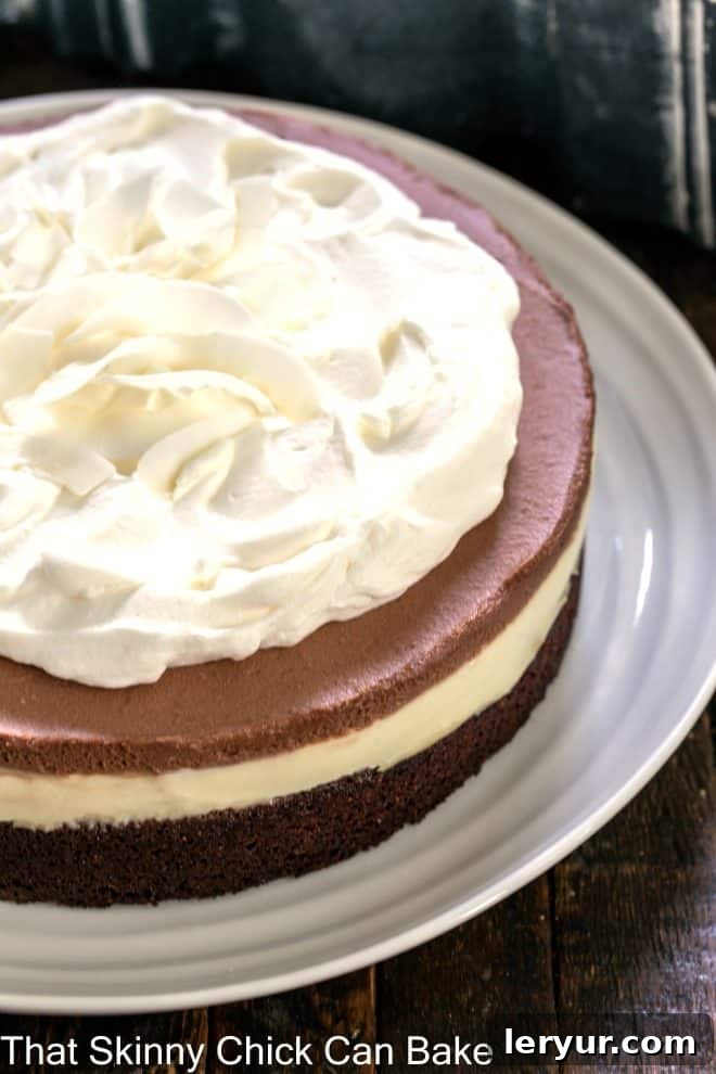 Close-up of a slice of Coconut Brownie Cake with distinct layers of brownie, coconut cream, chocolate mousse, and whipped cream, garnished with coconut flakes.