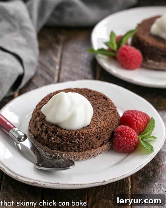 Chocolate Lava Cakes: A Duo of Molten Chocolate Delight with Kahlua Whipped Cream and Fresh Berries Two chocolate lava cakes elegantly garnished with a swirl of Kahlua whipped cream, fresh raspberries, and a delicate mint leaf on white dessert plates, ready to be enjoyed.