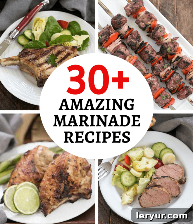 30+ Marinade Recipes collage with 4 photos and circular title text box