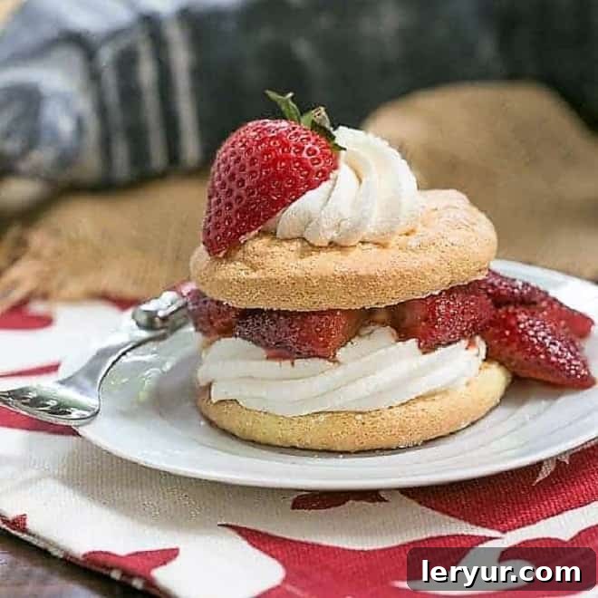 Franco American Strawberry shortcake served on a white dessert plate, a unique take on the classic.