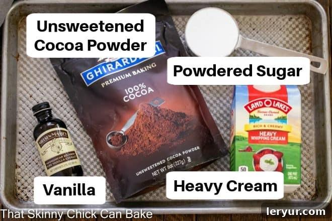 Chocolate Mousse ingredients with labels on a sheet pan.