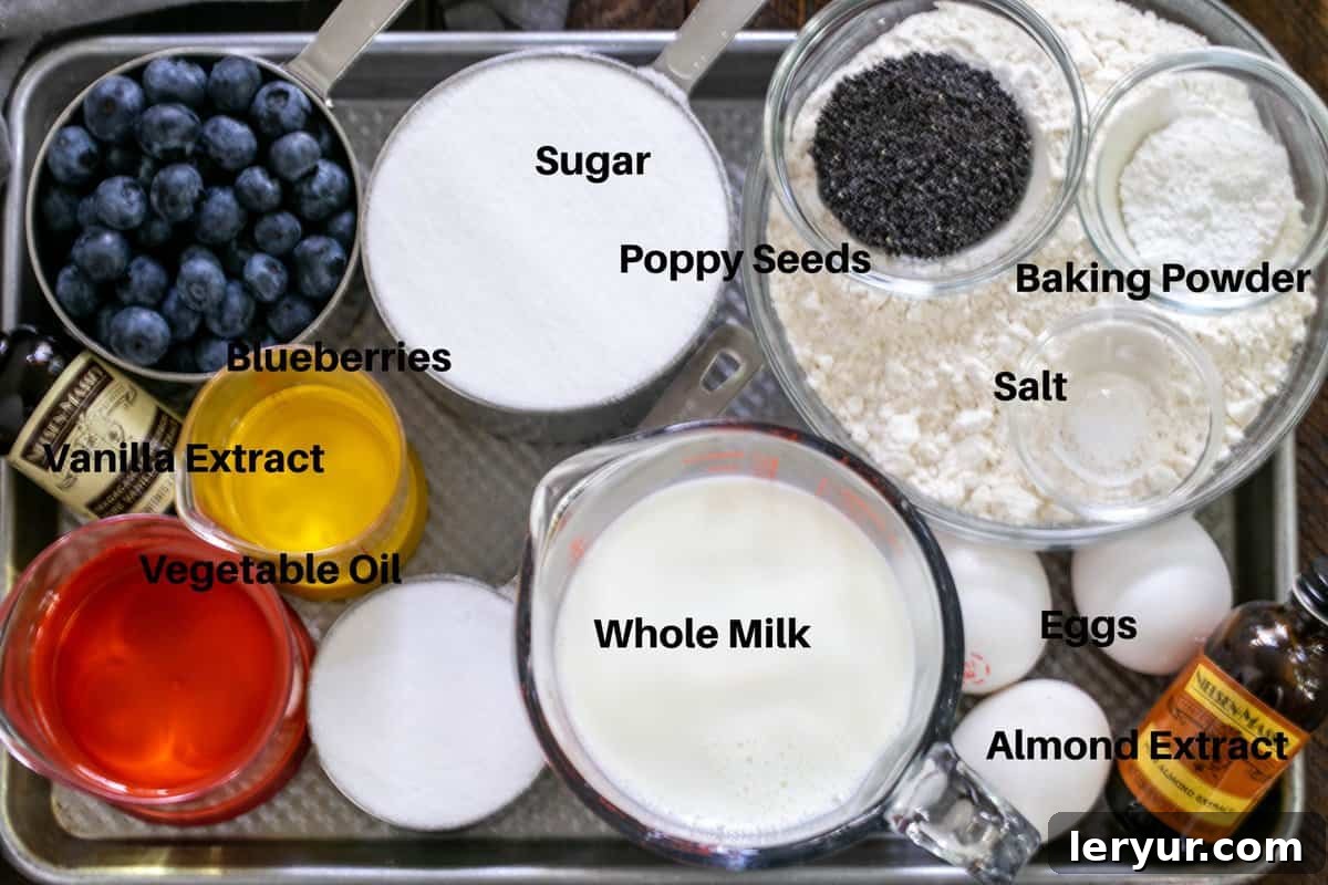 Morning Blueberry Poppy Seed Bake 4 Organized display of Poppy Seed Bread with Blueberries ingredients, clearly labeled on a metal tray.