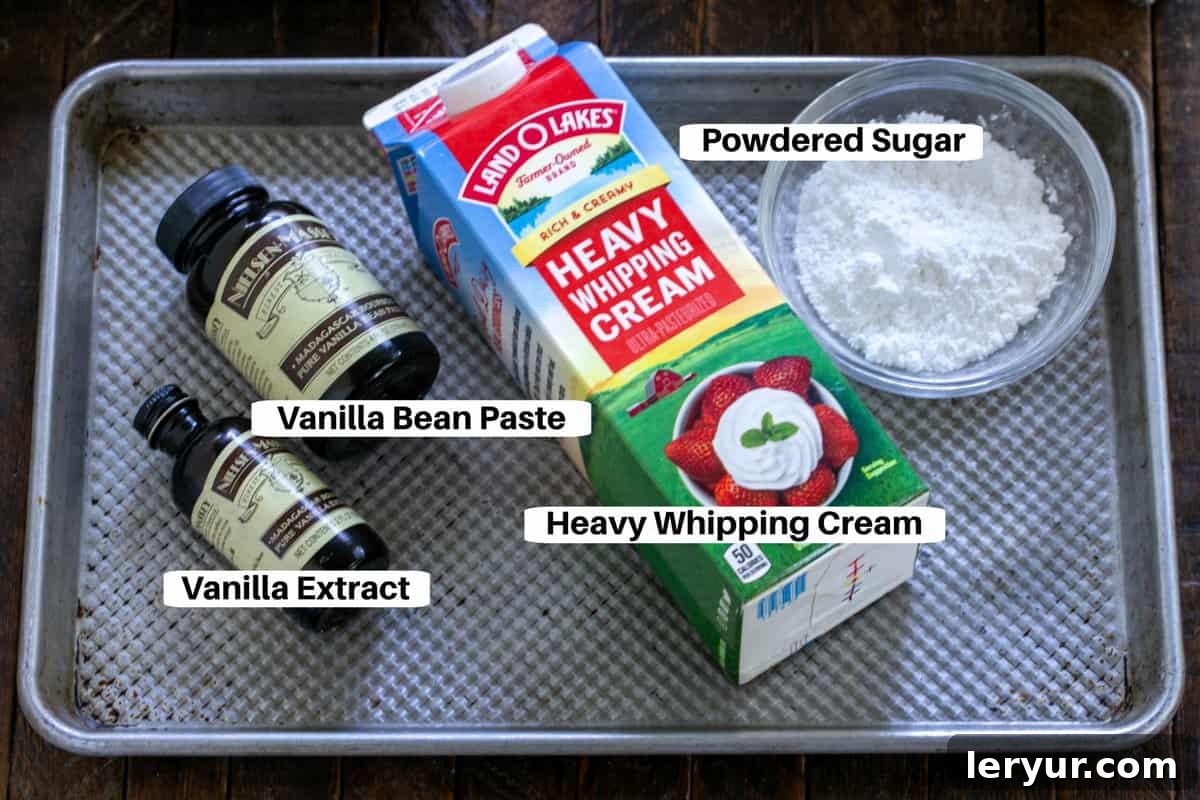 Chantilly Cream Ingredients with labels on a metal sheet pan.